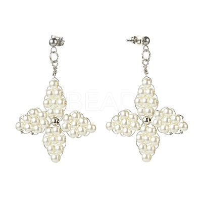Glass Pearl Braided Star Stud Earrings EJEW-JE04982-01-1