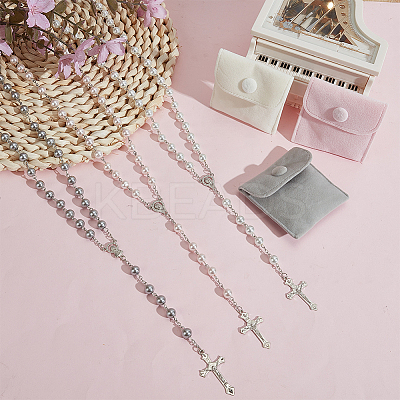 3Pcs Round White Glass Pearl Rosary Bead Necklaces NJEW-GO0001-18-1