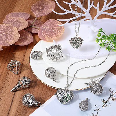 10Pcs 10 Styles Hollow Brass Cage Pendants KK-SC0004-29-1