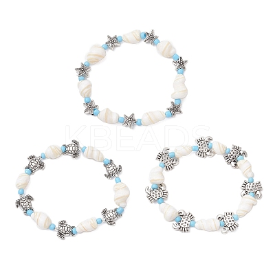 3Pcs Ocean Theme Natural Shell & Alloy Beaded Stretch Bracelets for Men Women BJEW-JB12387-1