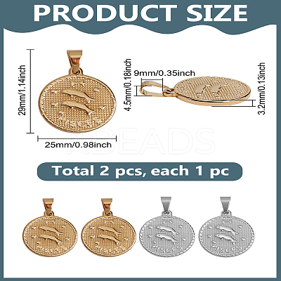 2Pcs 2 Colors 304 Stainless Steel Pendants STAS-LP0003-92H-1