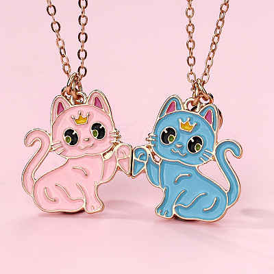 2Pcs Zinc Alloy Enamel Magnetic BFF Cat Shaped Split Pendant Friendship Necklaces for Girls FS-WG880EB-04-1