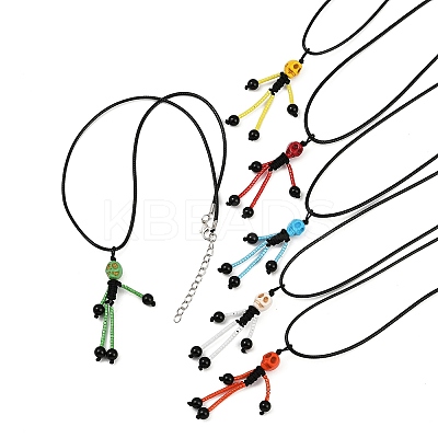 Halloween Theme Skeleton Glass Seed Beaded & Natural Black Onyx(Dyed & Heated) & Skull Dyed Synthetic Turquoise Pendant Necklaces NJEW-MZ00117-1