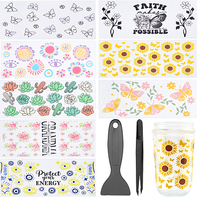 8Pcs 8 Styles Flower & Butterfly UV Transfer Sticker for Glass Cup DIY-CN0003-01B-1