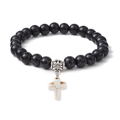 Synthetic Black Stone Round Beaded Stretch Bracelet BJEW-JB09745-02-1