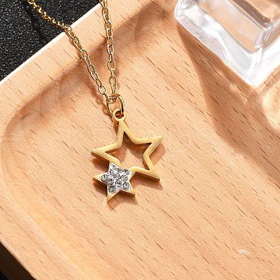 304 Stainless Steel Crystal Rhinestone Double Star Pendant Cable Chain Necklaces NJEW-Z056-02A-G-1