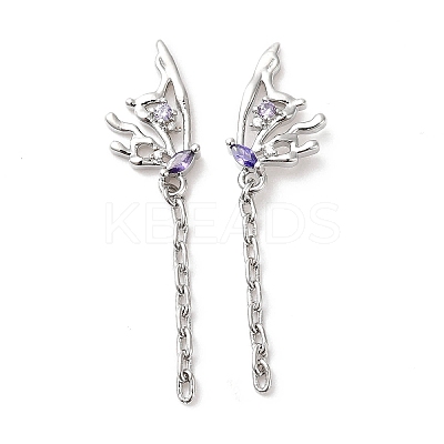Purple Cubic Zirconia Butterfly Dangle Stud Earring EJEW-H092-09P-1