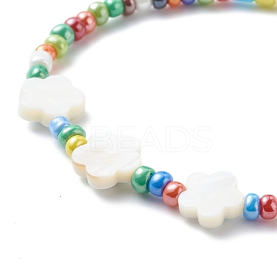 Natural Shell Flower with Evil Eye & Glass Seed Beaded Necklace Stretch Bracelet SJEW-JS01248-1