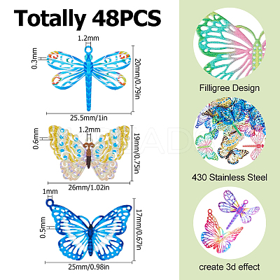 48Pcs 12 Styles Spray Painted 430 Stainless Steel Filigree Pendants STAS-HS0001-57-1