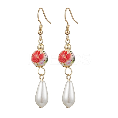 Round with Flower Pattern Porcelain Ceramic Dangle Earrings EJEW-JE06347-02-1