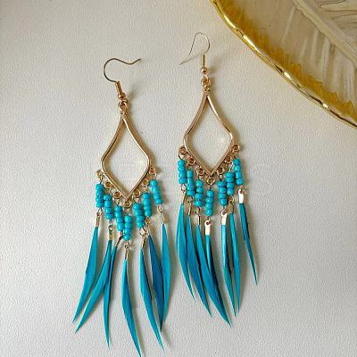 Bohemian Style Alloy Glass Seed Beaded Feather with Rhombus Chandelier Earrings FS-WG1E384-08-1