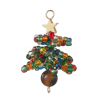 Natural Tiger Eye & Glass Seed Beaded Connector Charms PALLOY-MZ00225-1