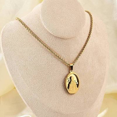 201 Stainless Steel Virgin Mary Pendant Wheat Chain Necklaces for Men NJEW-S387-09G-03-1