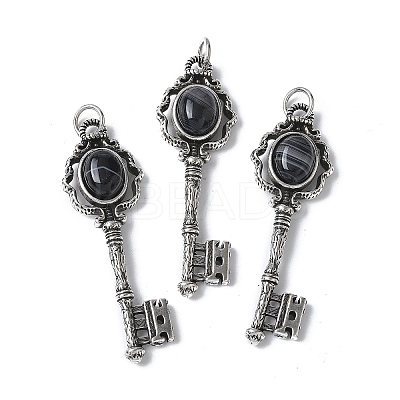 Key Brass Natural Black Agate Big Pendants KK-D361-01AS-20-1