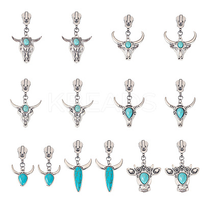 14Pcs 7 Styles Cattle Head Alloy & Synthetic Turquoise Zipper Sliders HJEW-TAC0102-1