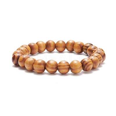 Natural Wood Round Beaded Stretch Bracelet BJEW-JB08214-1