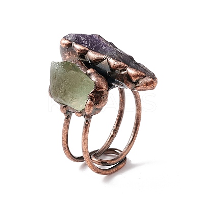 Natural Amethyst & Green Quartz Irregular Nugget Open Cuff Ring RJEW-I082-04R-1