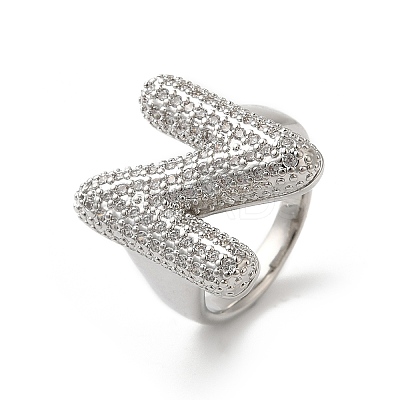 Letter Brass Micro Pave Clear Cubic Zirconia Open Cuff Ring for Women RJEW-N046-03N-P-1
