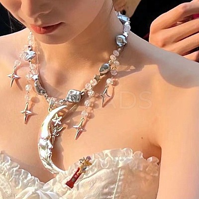Moon Star Alloy & Silver Color Plastic Imitation Pearl Big Pendant Necklaces for Women FS-WG21961-01-1