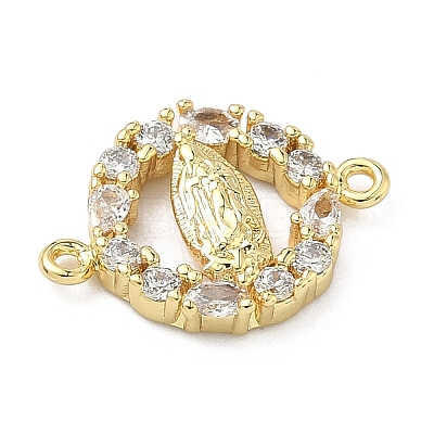 Brass Pave Clear Cubic Zirconia Religion Flat Round with Virgin Mary Links Connector Charms KK-A282-07A-G-1