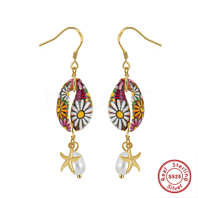 925 Sterling Silver Shell Shape with Starfish Dangle Earrings EJEW-M096-02G-1