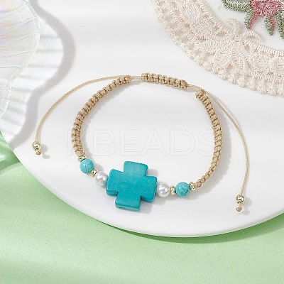 Synthetic Turquoise Cross & Imitation Pearl Braided Bead Bracelet BJEW-JB09743-1