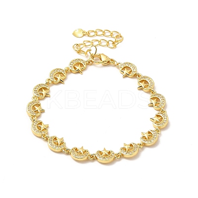 Clear Cubic Zirconia Moon & Star Link Chain Bracelet BJEW-A132-04G-1