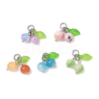 Natural Dyed Persian Jade with Acrylic Leaf Cherry Charms with 304 Stainless Steel Open Jump Rings PALLOY-JF04025-1