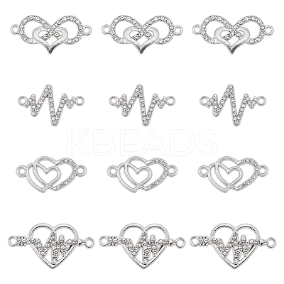 40Pcs 4 Styles Heart Theme Alloy Rhinestone & Cubic Zirconia Connector Charms RB-SC0001-11-1