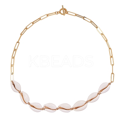 Natural Cowrie Shell Beads Pendant Necklace with Paperclip Chains for Women NJEW-SW00008-1