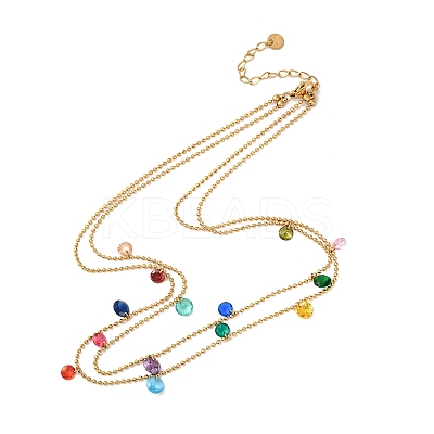 304 Stainless Steel Ball Chain Colorful Cubic Zirconia Flat Round Tassel Double Layer Necklaces for Women LS-NJEW-A051-05G-1