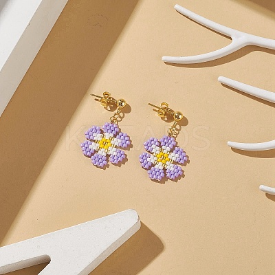 Glass Seed Braided Flower Dangle Stud Earrings EJEW-MZ00015-02-1