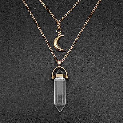Natural Quartz Crystal Cone Pendant Double Layer Necklace UX9990-26-1