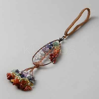 Copper Wire Wrapped Chakra Natural Gemstone Teardrop with Tree of Life Pendant Decorations HJEW-CJC0816-001R-1
