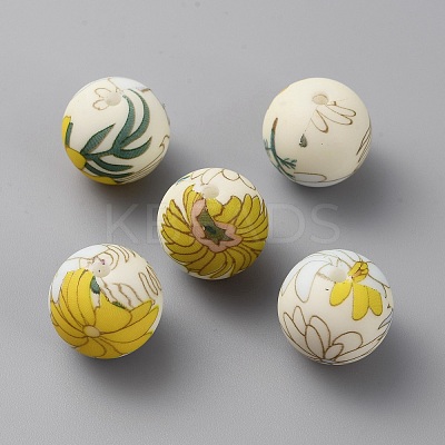 Round with Flower Food Grade Eco-Friendly Silicone Beads LS-SIL-WH0006-21E-1