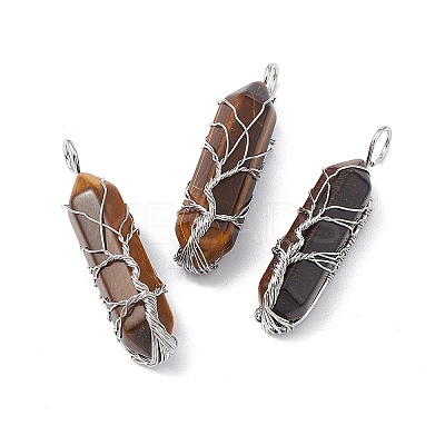 Natural Tiger Eye Copper Wire Wrapped Pointed Pendants G-F733-05A-1