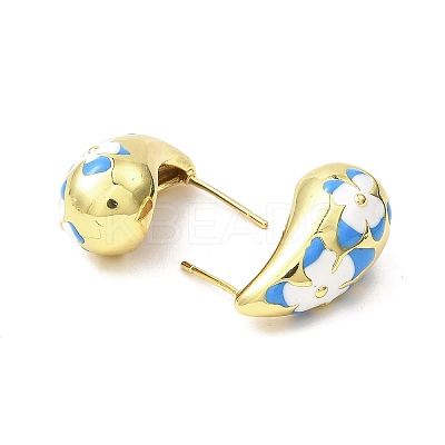 Teardrop with Flower Real 18K Gold Plated Brass Enamel Stud Earrings EJEW-L270-013G-02-1