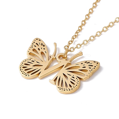 Initial Letter with Butterfly Pendant Necklace NJEW-C026-01G-N-1