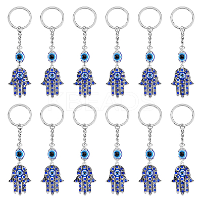 12Pcs Hamsa Hand with Evil Eye Alloy Rhinestones Keychains KEYC-DC0001-25-1