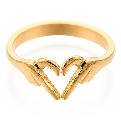 Ion Plating(IP) 304 Stainless Steel Hand Heart Cuff Rings RJEW-N038-121LG-1