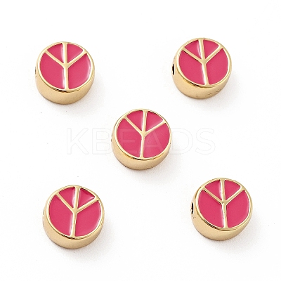 Flat Round with Peace Sign Brass Enamel Beads KK-G419-05G-02-1