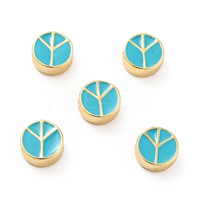 Flat Round with Peace Sign Brass Enamel Beads KK-G419-05G-06-1