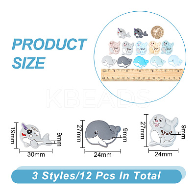 12Pcs 12 Style Whale/Dolphin/Sea Dog Food Grade Eco-Friendly Silicone Beads SIL-FH0001-11-1