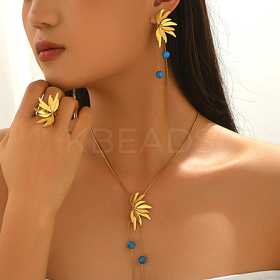 Stainless Steel & Plastic Imitation Pearl Flower Tassels Earrings & Necklaces & Rings Sets for Women DQ9834-1-1