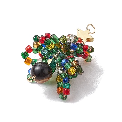Natural Tiger Eye & Glass Seed Beaded Connector Charms PALLOY-MZ00225-1