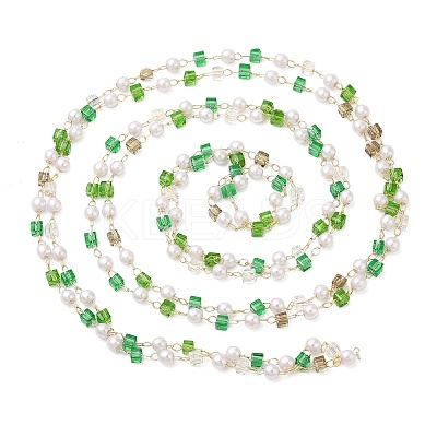 Faceted Cube Glass & ABS Plastic Imitation Pearl Beaded Chains CHS-G026-02KCG-01-1-1