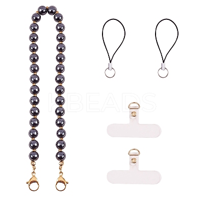 Non-Magnetic Synthetic Hematite & 304 Stainless Steel Round Beaded Mobile Straps HJEW-SW00043-01-1