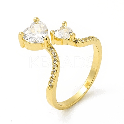 Clear Cubic Zirconia Double Heart Open Cuff Ring RJEW-H120-01G-1
