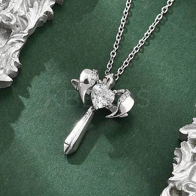 Brass Cubic Zirconia Wing Cross Pendant Necklaces for Women NJEW-C067-07P-03-1