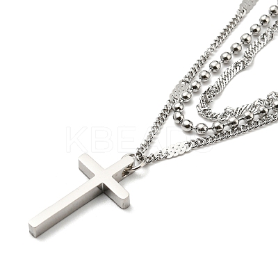 Non-Tarnish 304 Stainless Steel Rope & Ball & Curb Chains Triple Layer Necklaces BJEW-K257-02P-1